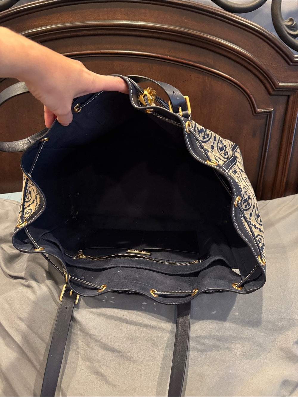 Tory Burch Navy and Beige Logo Canvas Drawstring Tote with Leather Trim - Picture 5 of 11